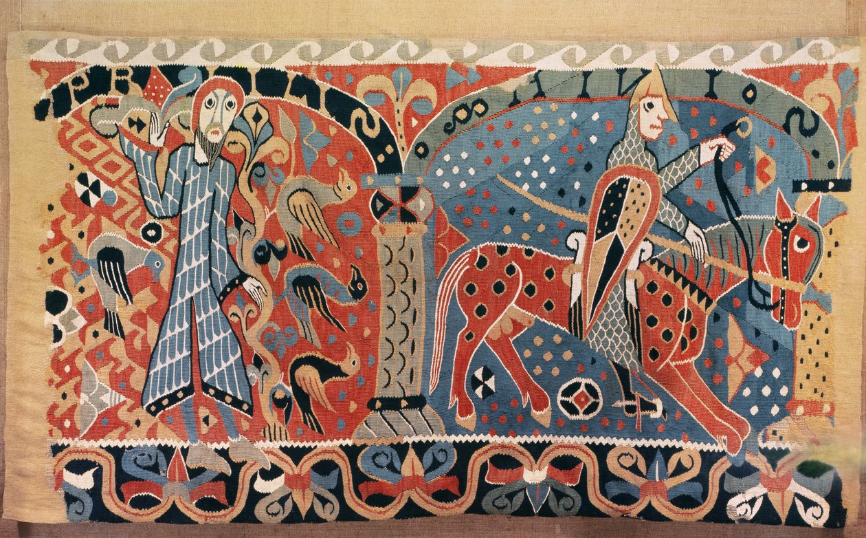 Caballero normando en un caballo pío y un hombre rodeado de pájaros, detalle del Tapiz de Baldishol de la Iglesia de Baldishol, Hedmark de Norwegian School