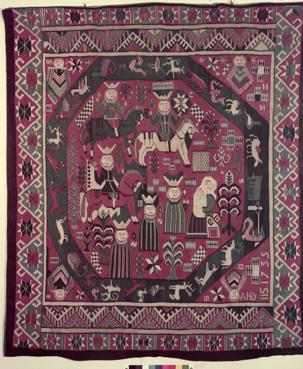 Alfombra que representa caballeros, una madre con su hijo y varias otras figuras, 1735 de Norwegian School