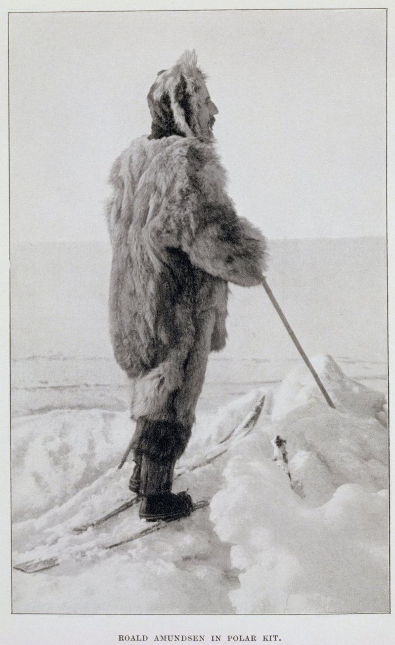 Roald Amundsen con equipo polar, de "El Polo Sur...", publ. 1912 (litografía) de Norwegian School