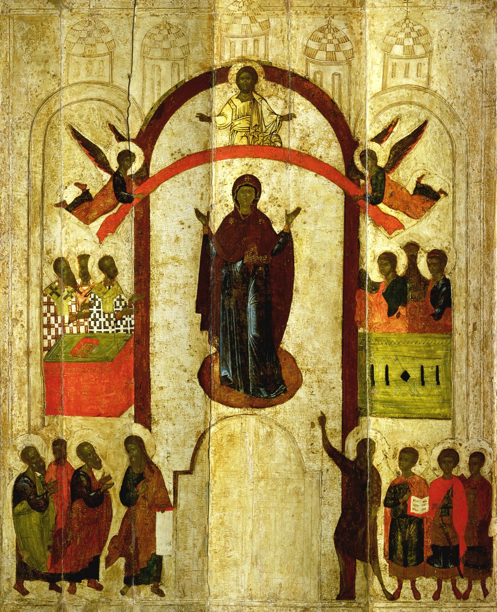 La protección de la Theotokos (Madre de Dios) ícono ruso del Monasterio Zverin de Novgorod School
