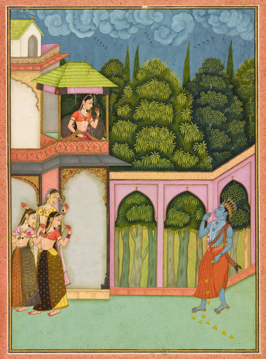 Krishna se acerca a Radha, folio de un "Rasikpriya", fechado hacia 1690 (acuarela opaca y oro sobre papel) de Nuruddin Nuruddin