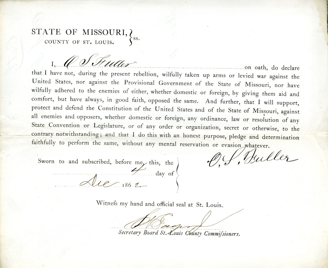 Juramento de lealtad de O. S. Fuller de Missouri, Condado de St. Louis de O.S. Fuller