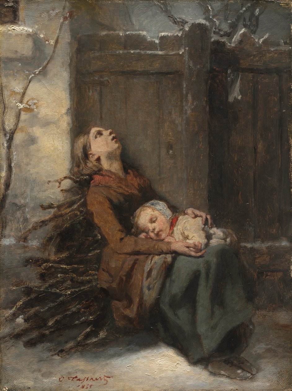 Madre muerta indigente sosteniendo a su hijo dormido en invierno, c. 1850 de Octave Tassaert