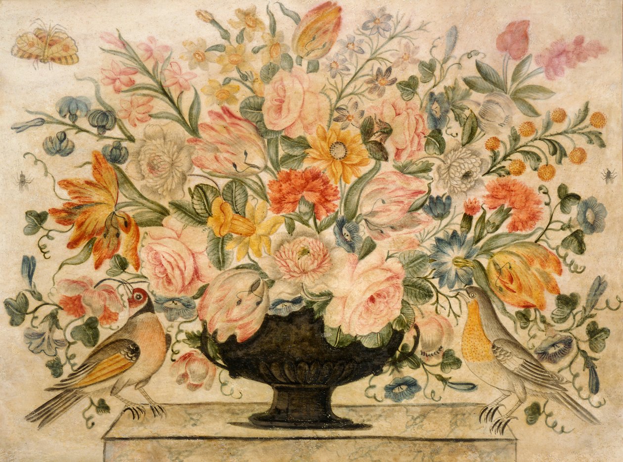 Una urna con flores en un borde con dos pájaros, 1600 de Octavianus Montfort