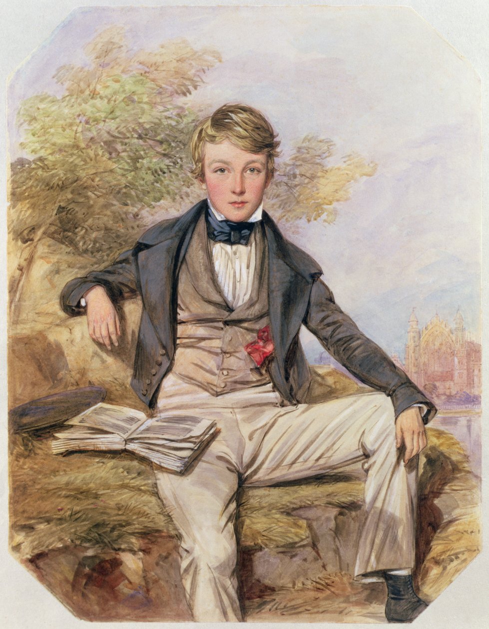 Retrato de Benjamin Gibbons Sentado, con una Vista del Colegio Eton al Fondo, c.1838 de Octavius Oakley