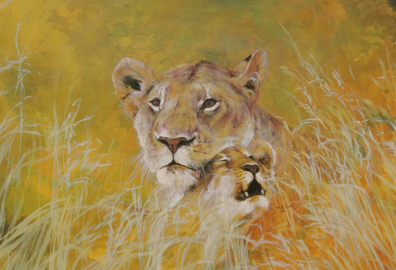 Madre y bebé I (Leones) 1995 (tintas, acrílicos y lápiz sobre papel) de Odile Kidd