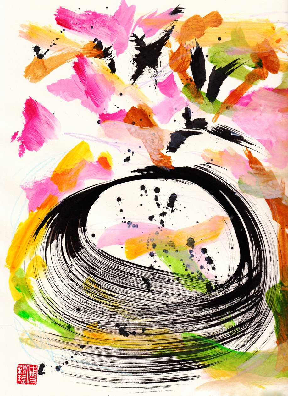 Mozart Ode To Love Abstracción floral en tinta, 2021 (tinta y color sobre papel Xuan) de Odilia W. Y. Fu