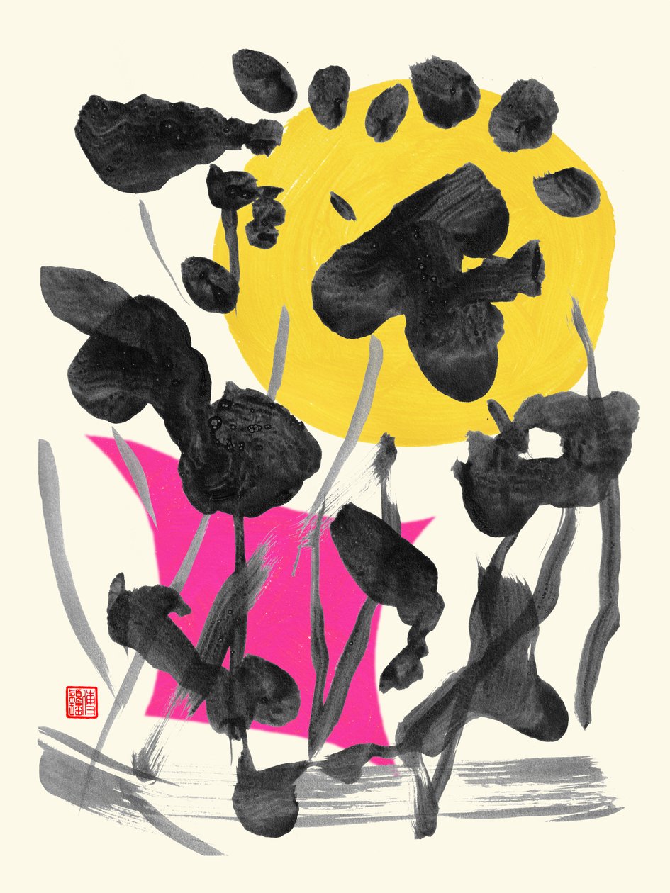 Zen Full Moon Ink Flowers, 2023 (acrílico sobre papel, digital) de Odilia W. Y. Fu