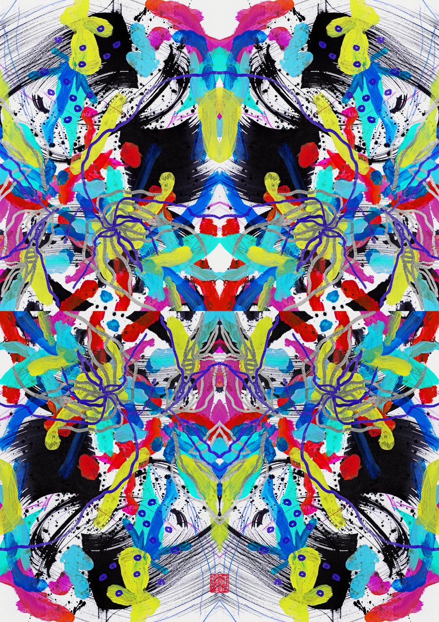 Zen Ink Blue Red Yellow Floral Pattern, 2023 (acrílico sobre papel, digital) de Odilia W. Y. Fu