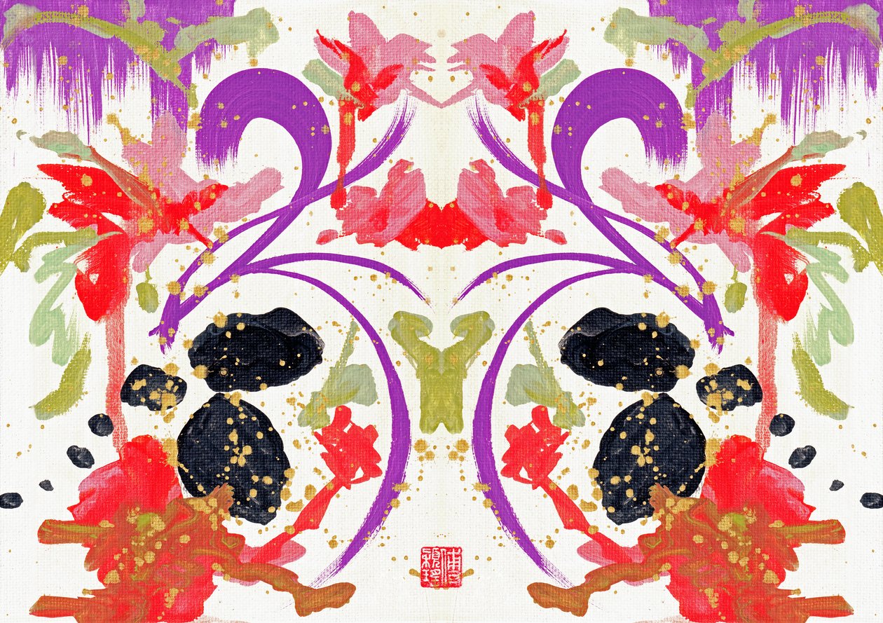 Zen Orange Purple Flowers 1, 2021 (acrílico sobre lienzo, digital) de Odilia W. Y. Fu