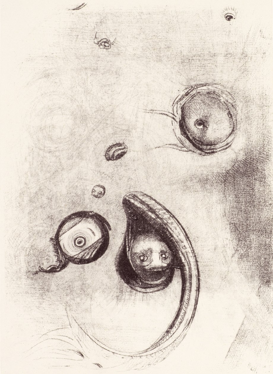 Y algunos ojos sin cabezas flotando como moluscos de La Tentación de San Antonio (Placa XIII) 1896 de Odilon Redon