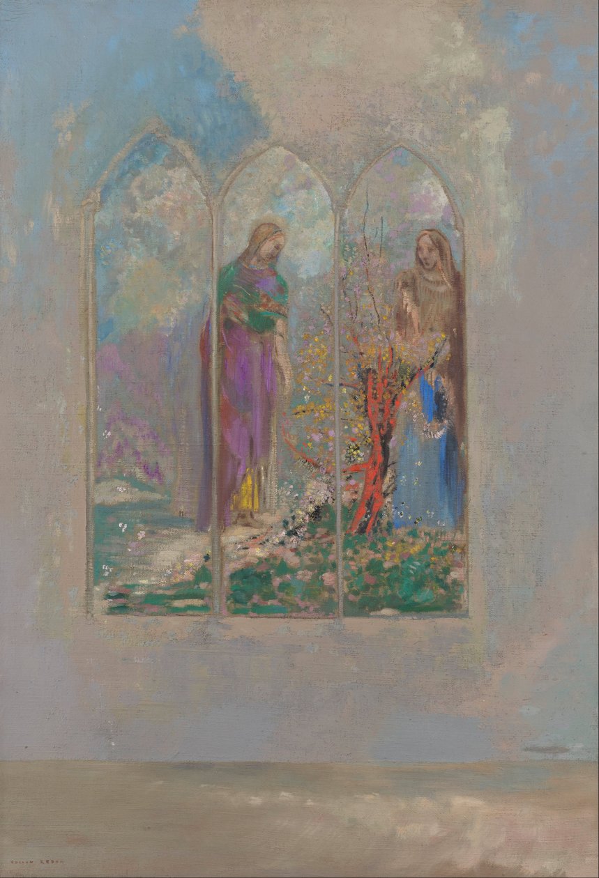 Devoción cerca de un arbusto rojo de Odilon Redon
