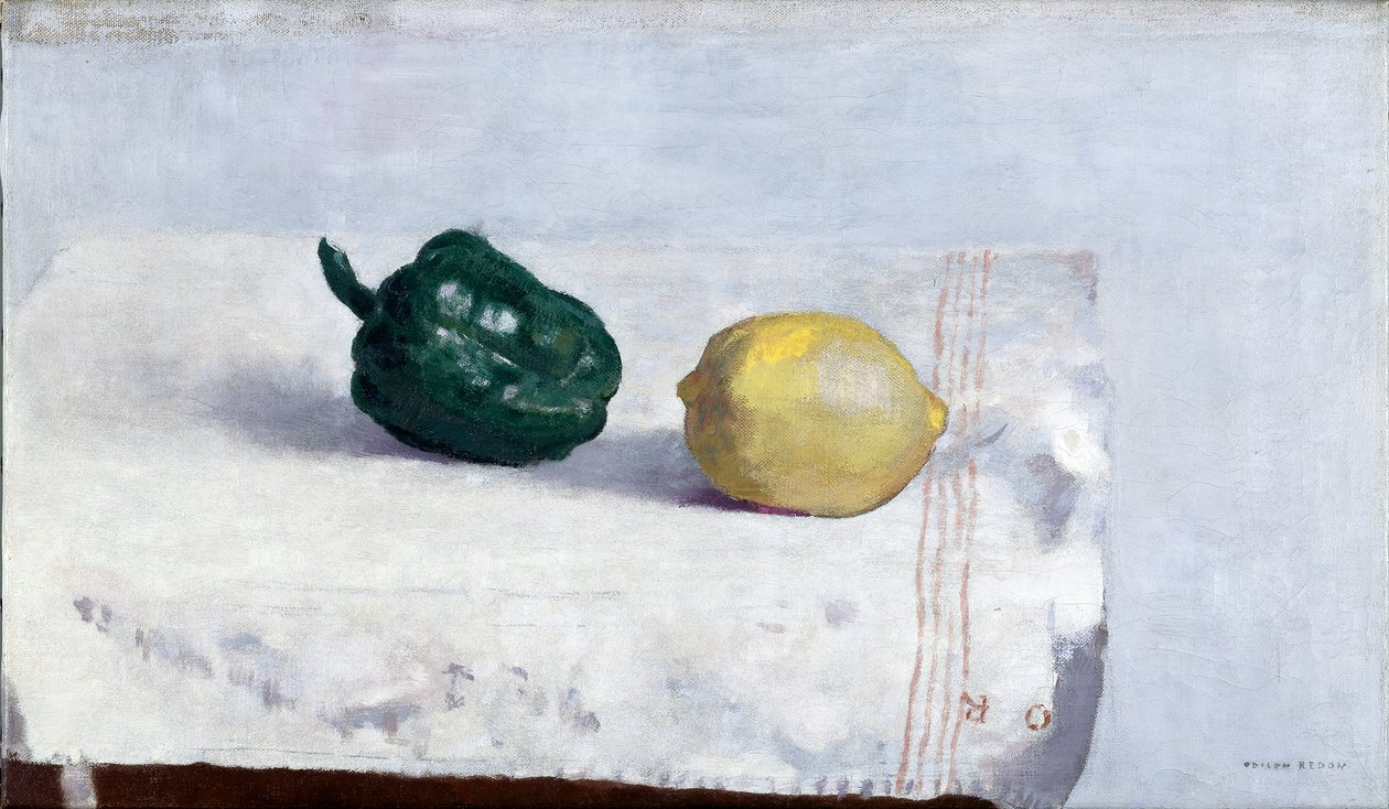 Pimienta y limón sobre un mantel blanco, 1901 de Odilon Redon