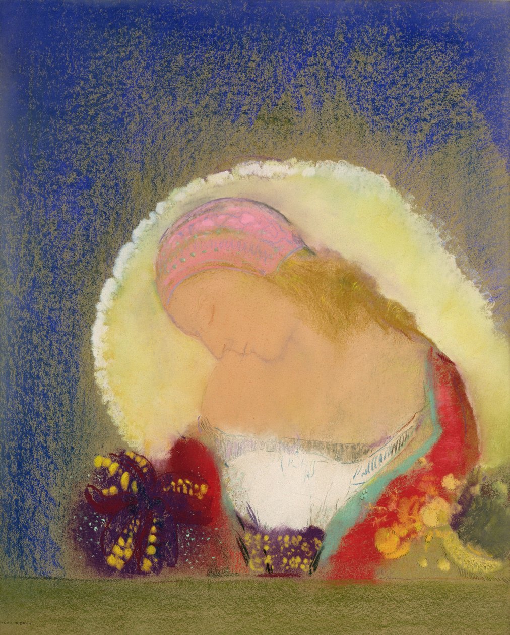 Perfil de una chica con flores, c.1900 de Odilon Redon