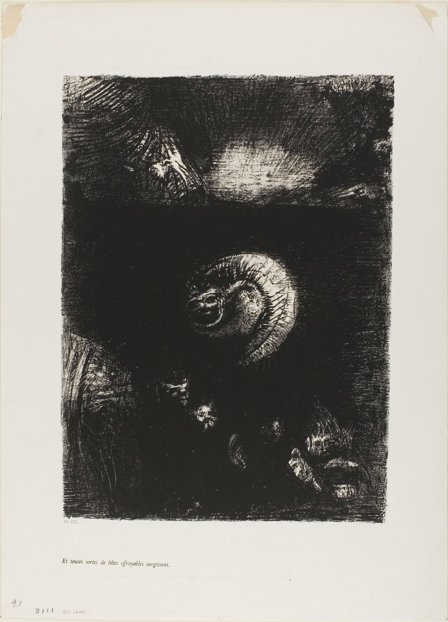 Y toda clase de criaturas espantosas surgen, lámina 8 de 10 de Odilon Redon