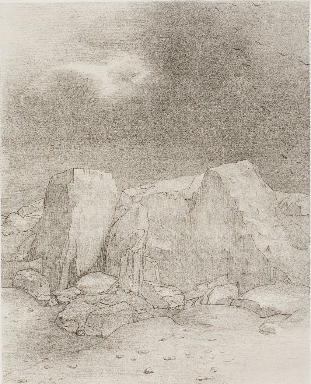 Y discierne una llanura árida y cubierta de colinas, lámina 7 de 24 de Odilon Redon