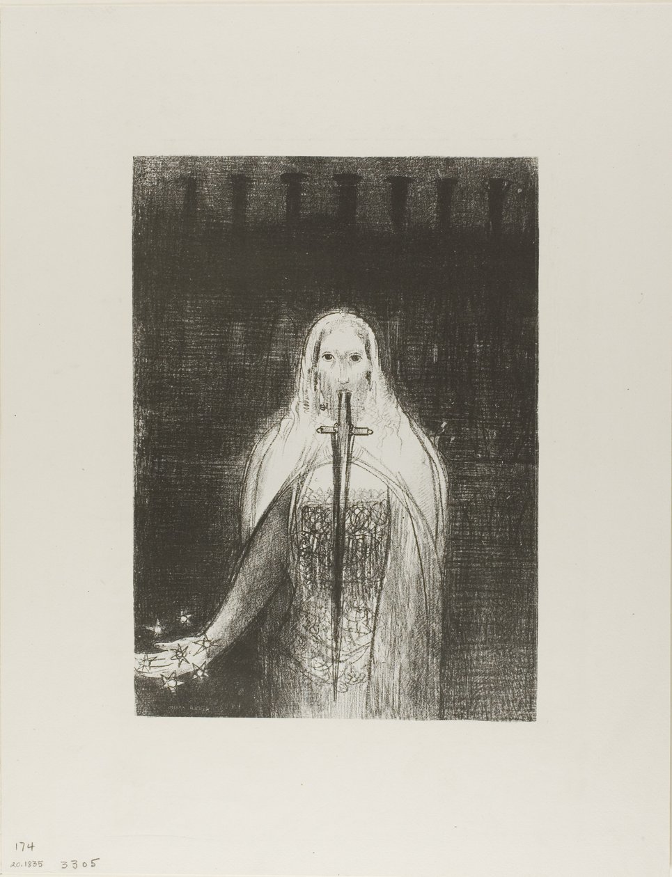 Y tenía en su mano derecha siete estrellas; y de su boca salía una espada aguda de dos filos, placa 1 de 12 de Odilon Redon