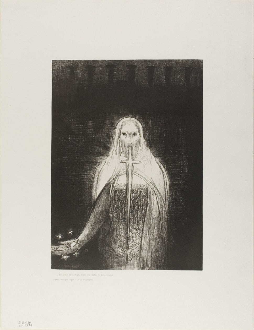 Y tenía en su mano derecha siete estrellas; y de su boca salía una espada aguda de dos filos, lámina 1 de 12 de Odilon Redon