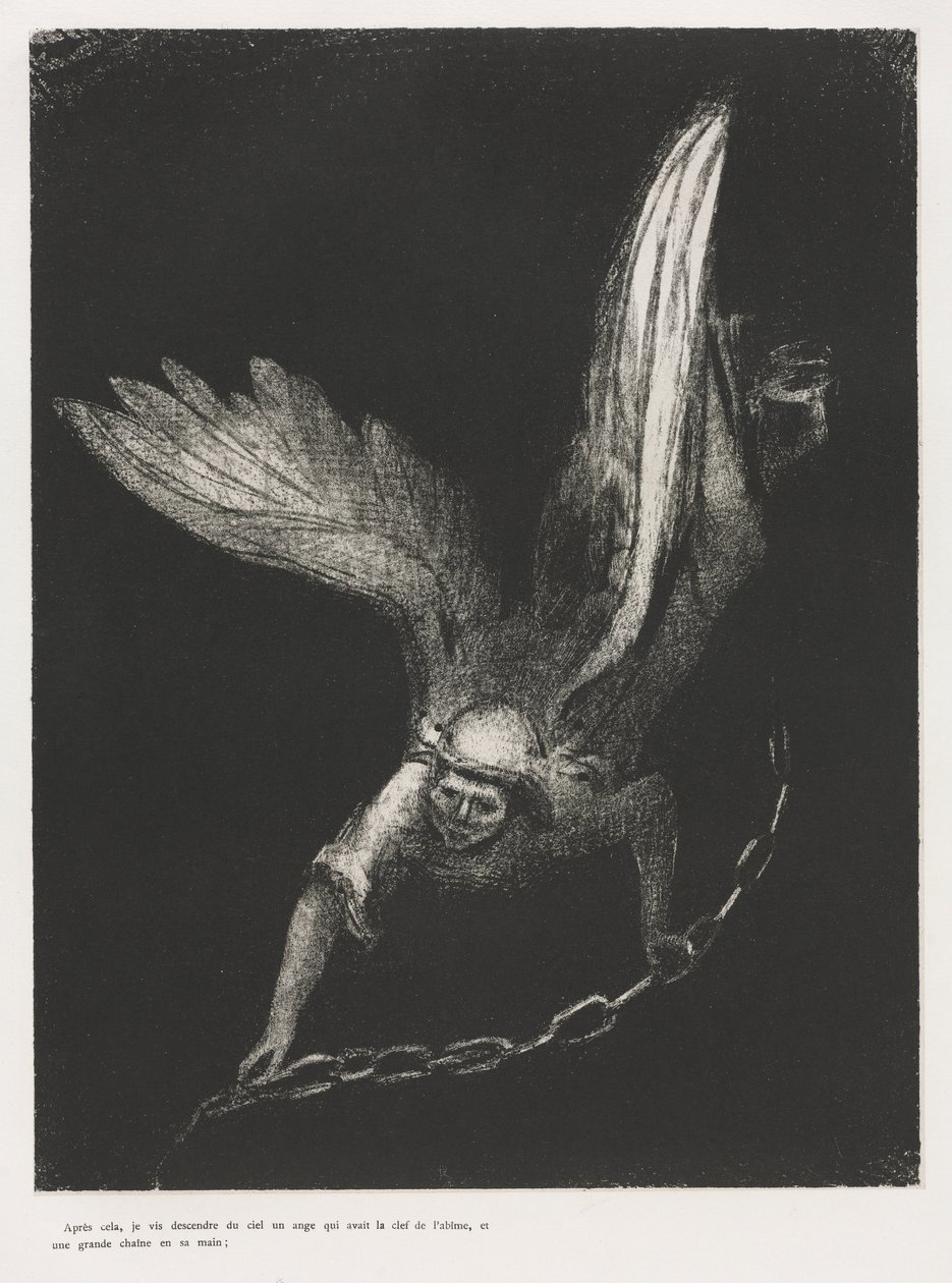 Y Vi a un Ángel Descender del Cielo, Teniendo la Llave del Abismo y una Gran Cadena en su Mano de Odilon Redon