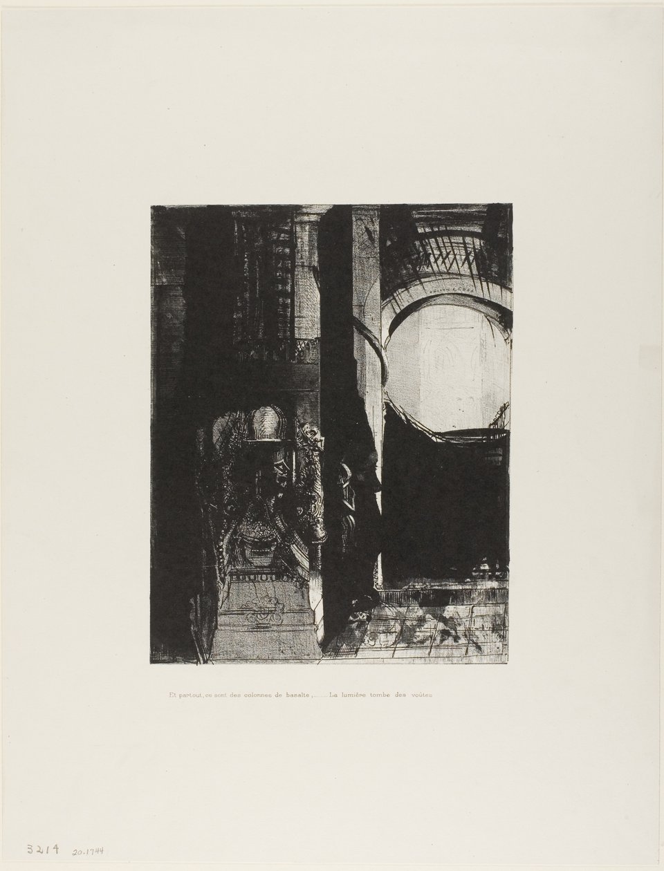 Y en todos lados hay columnas de basalto,...la luz cae desde el techo abovedado, lámina 3 de 24 de Odilon Redon
