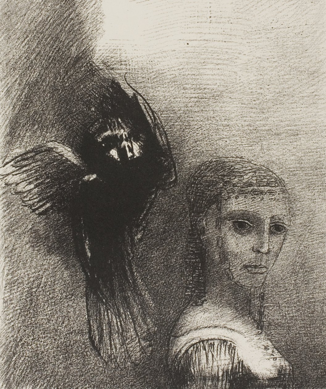 Y un gran pájaro, descendiendo del cielo, se lanza contra el punto más alto de su cabello, lámina 3 de 10 de Odilon Redon