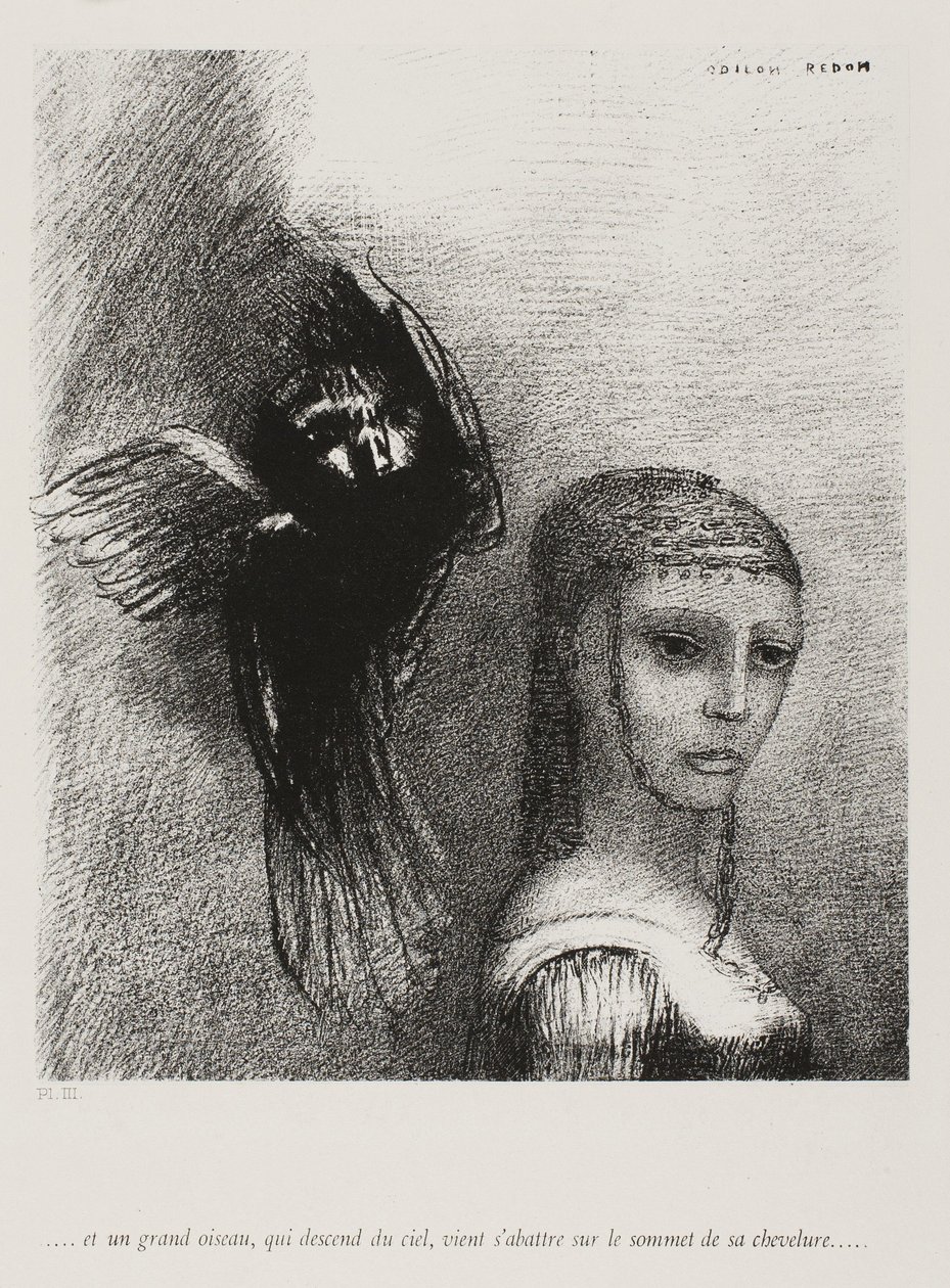 Y un gran pájaro, descendiendo del cielo, se lanza contra la punta más alta de su cabello, lámina 3 de 10 de Odilon Redon
