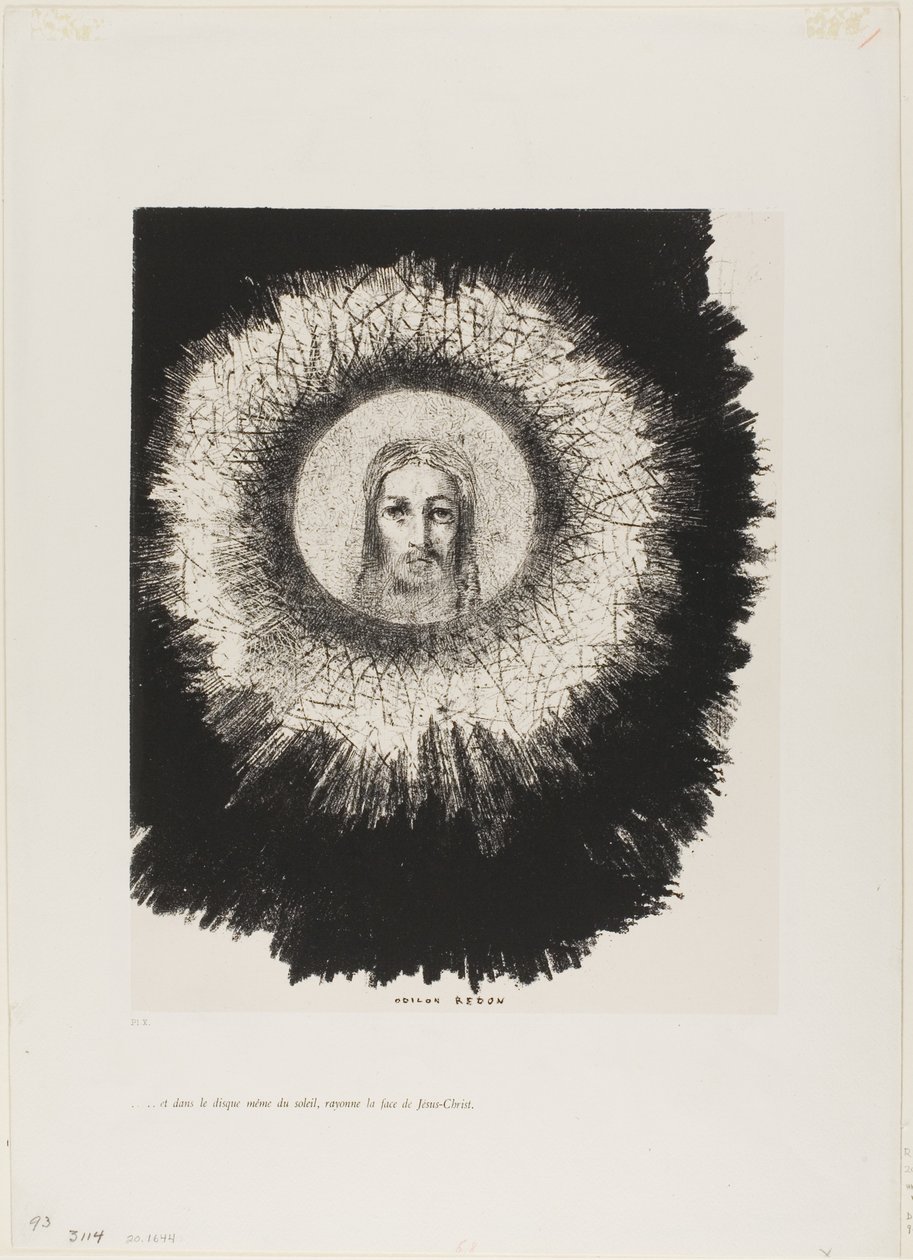 Y en el mismo disco del sol ilumina el rostro de Jesucristo, lámina 10 de La tentación de San Antonio (1ª serie) de Odilon Redon