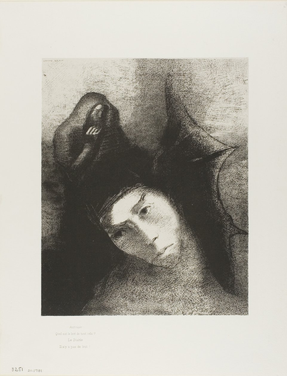 Antonio: "¿Cuál es el objetivo de todo esto?" El Diablo: "¡No hay objetivo!", lámina 18 de 24 de Odilon Redon