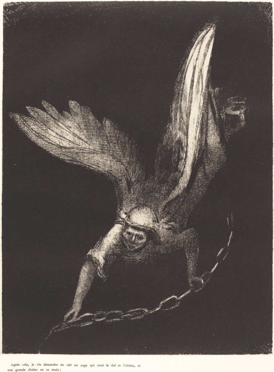Después de esto vi descender del cielo un ángel que tenía la llave del abismo y una gran cadena en su mano de Odilon Redon