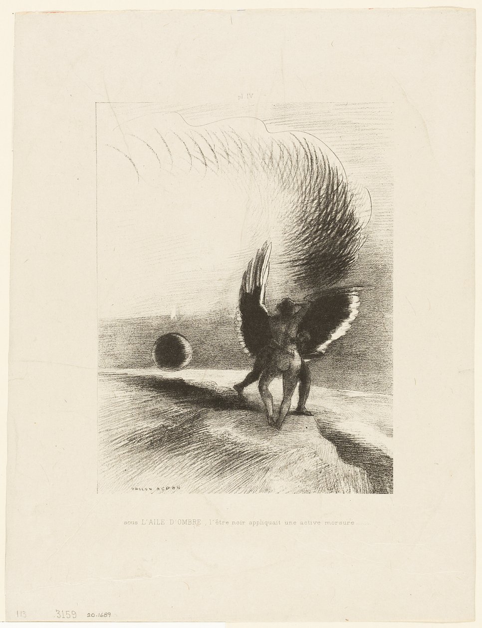 Bajo el ala de una sombra la criatura negra mordía enérgicamente, lámina 4 de 6 de Odilon Redon