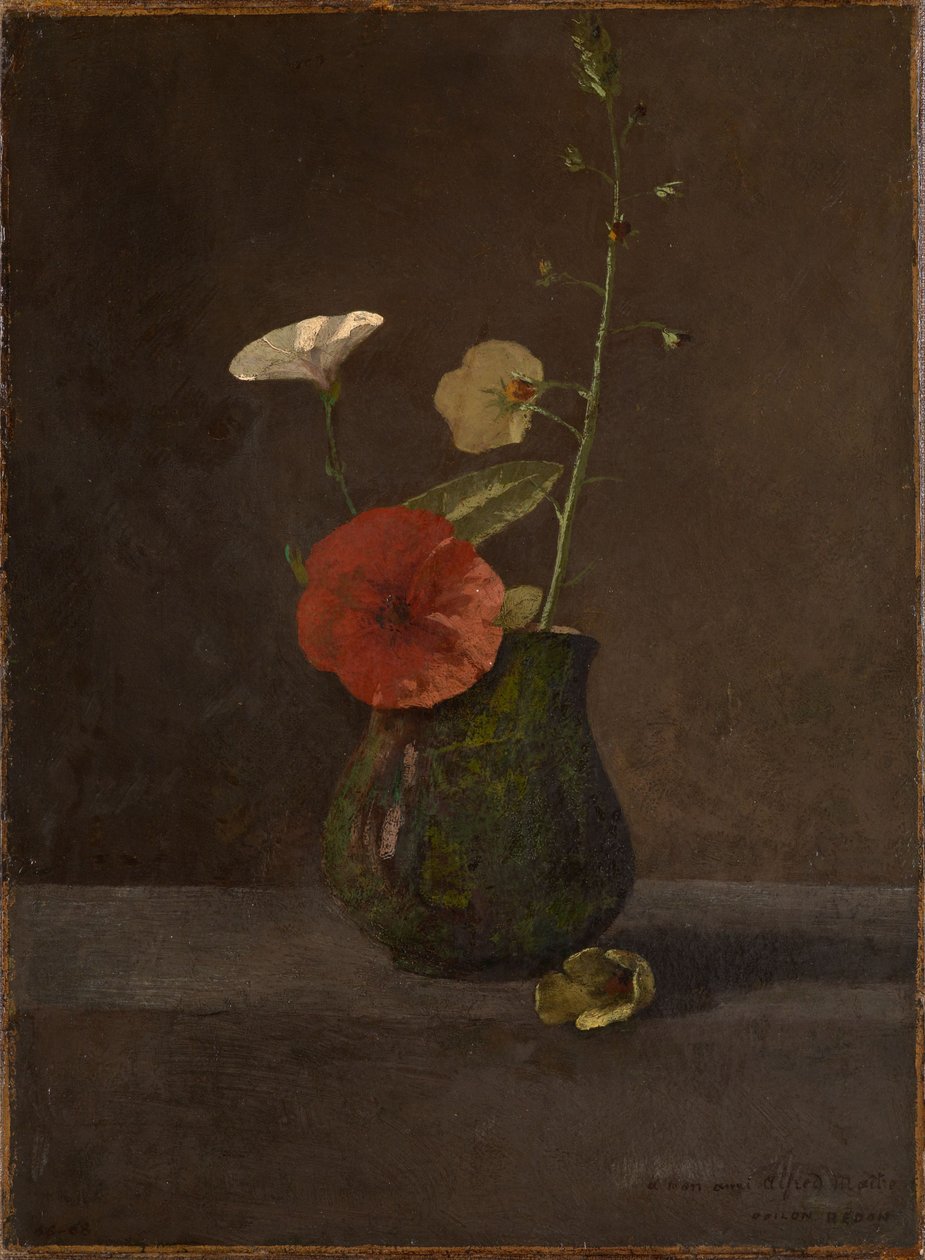 Naturaleza muerta con flores en una jarra verde de Odilon Redon