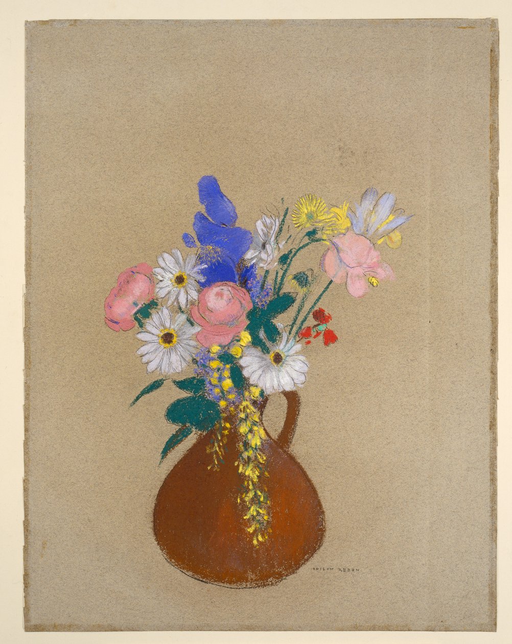 Ramo de flores en un jarrón de barro marrón de Odilon Redon