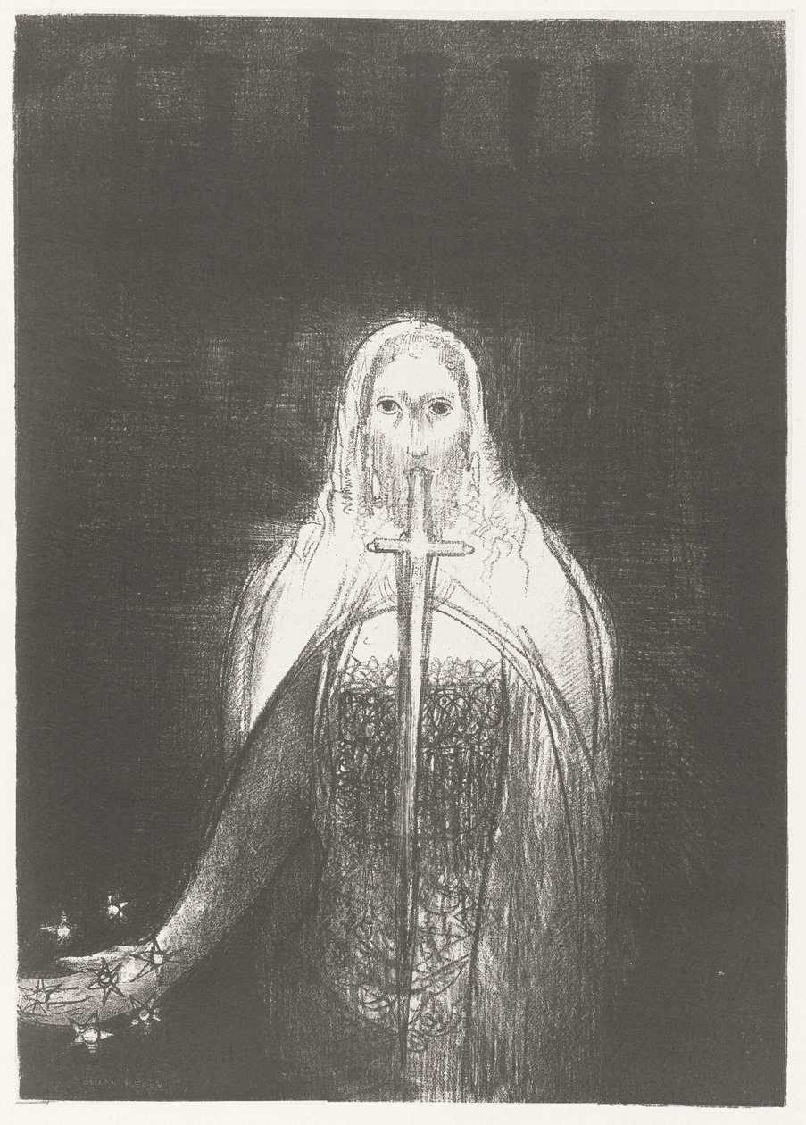 Christus pone sterren en la mano Y tenía en su mano derecha siete estrellas, y de su boca salía una espada aguda de dos filos Apocalipsis de San Juan (título de la serie) Openbaring van Johannes (título de la serie) de Odilon Redon