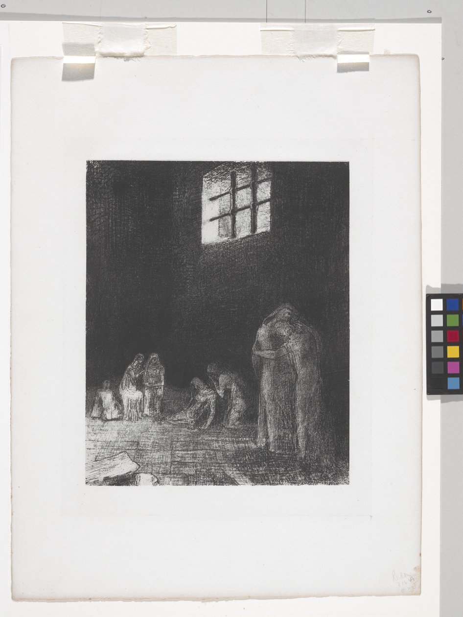 En la sombra la gente llora y reza... (litografía sobre papel chine appliqué) de Odilon Redon
