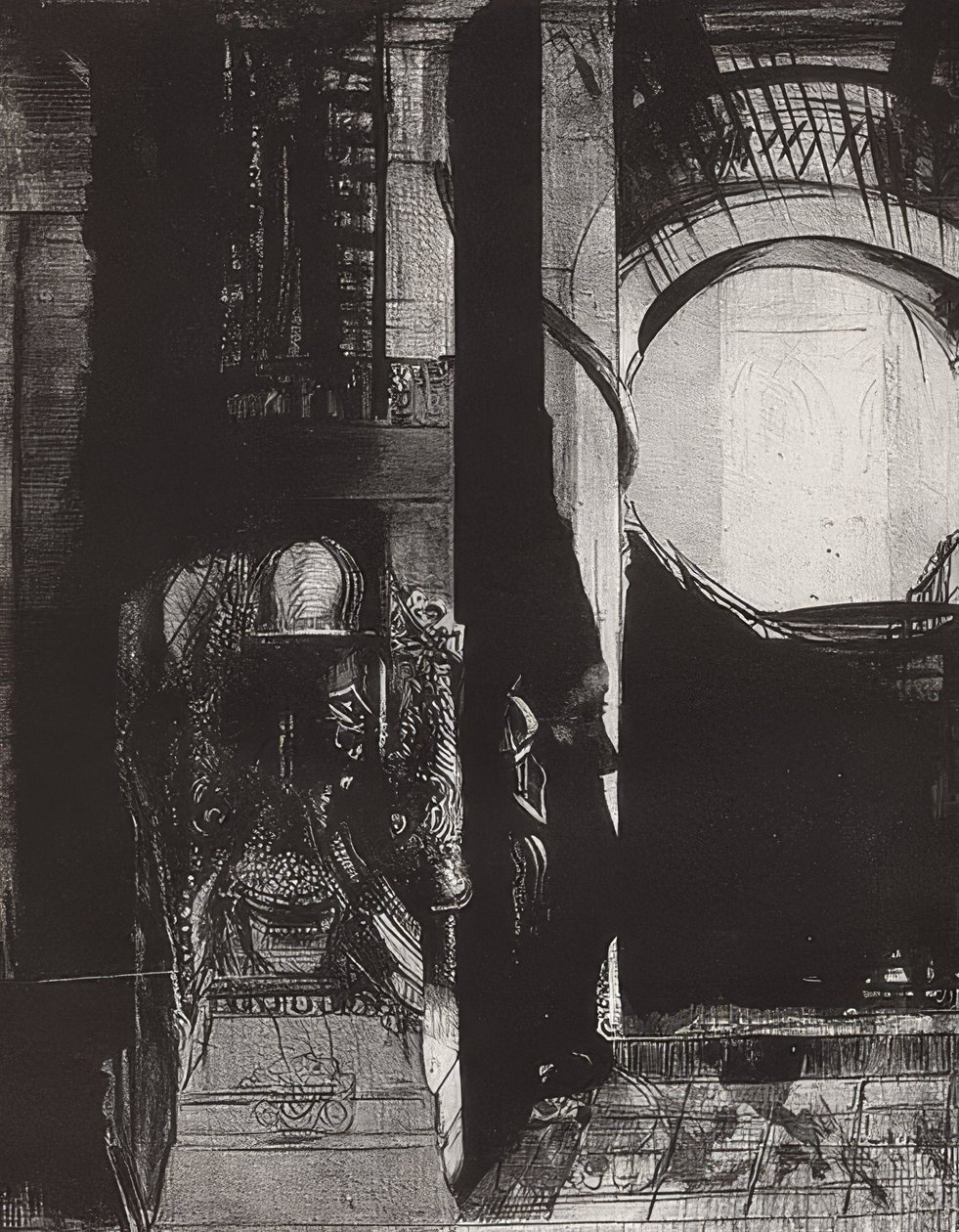 Y por todas partes hay columnas de basalto, la luz cae de las bóvedas, Hoja 3 de la serie La tentación de San Antonio de Odilon Redon