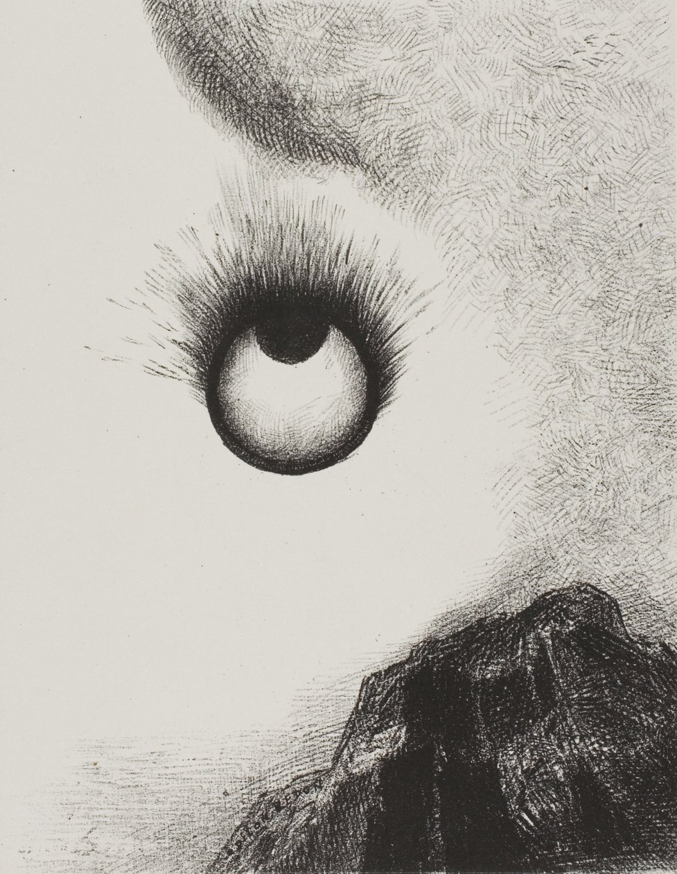Por todas partes los ojos arden, lámina 9 de La tentación de San Antonio (1ª serie) de Odilon Redon