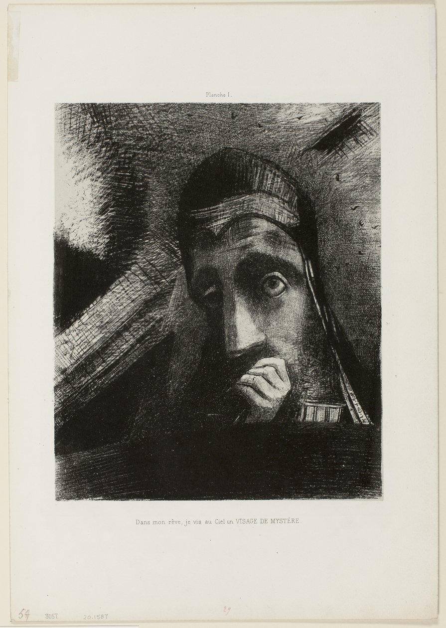 Rostro del Misterio (En mi sueño vi en el cielo un ROSTRO DEL MISTERIO), lámina 1 de Homenaje a Goya de Odilon Redon