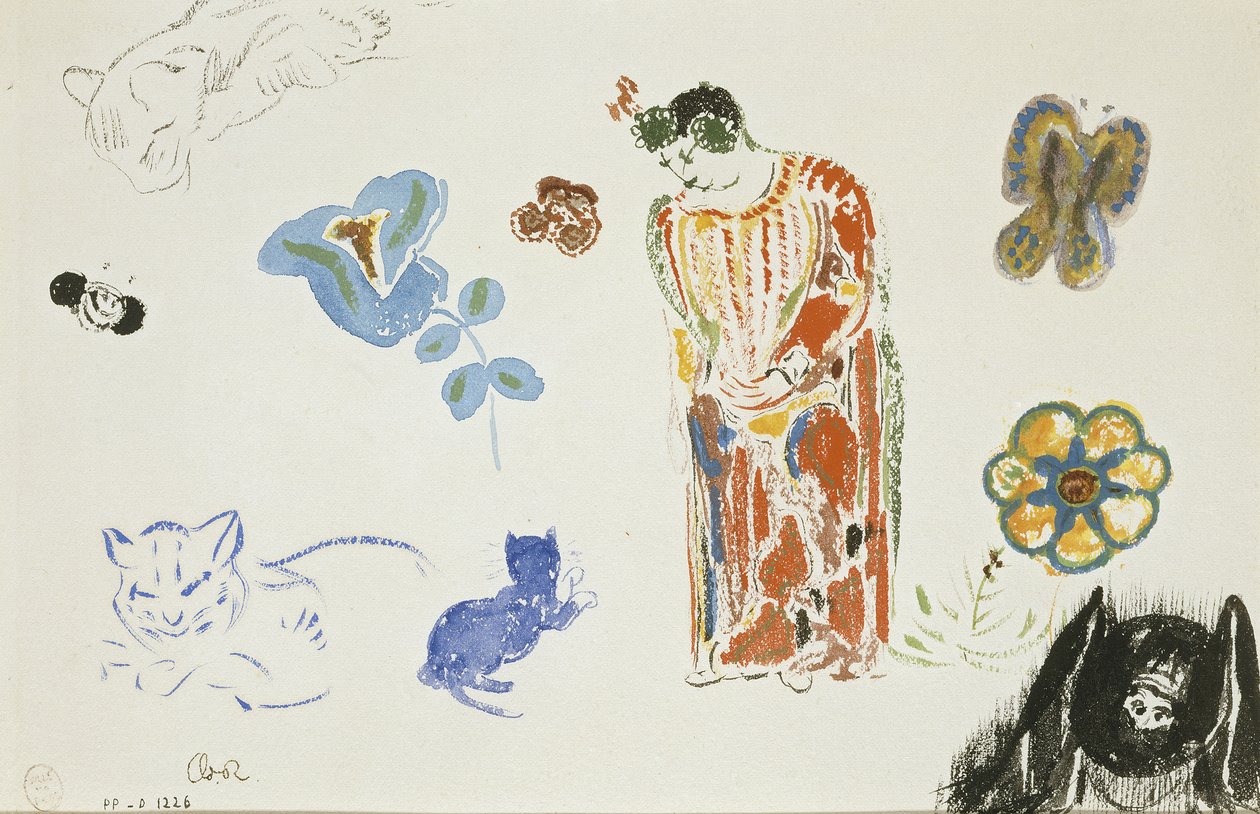 Hoja de estudios: mujer, flores y animales de Odilon Redon