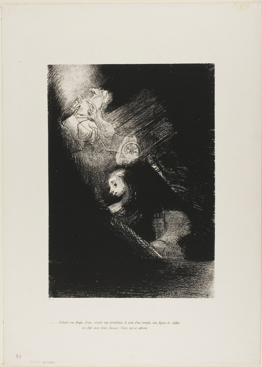 Primero un estanque de agua, luego una prostituta, la esquina de un templo, el rostro de un soldado, un carro con dos caballos blancos encabritados, lámina 1 de La tentación de San Antonio (1ª serie). de Odilon Redon