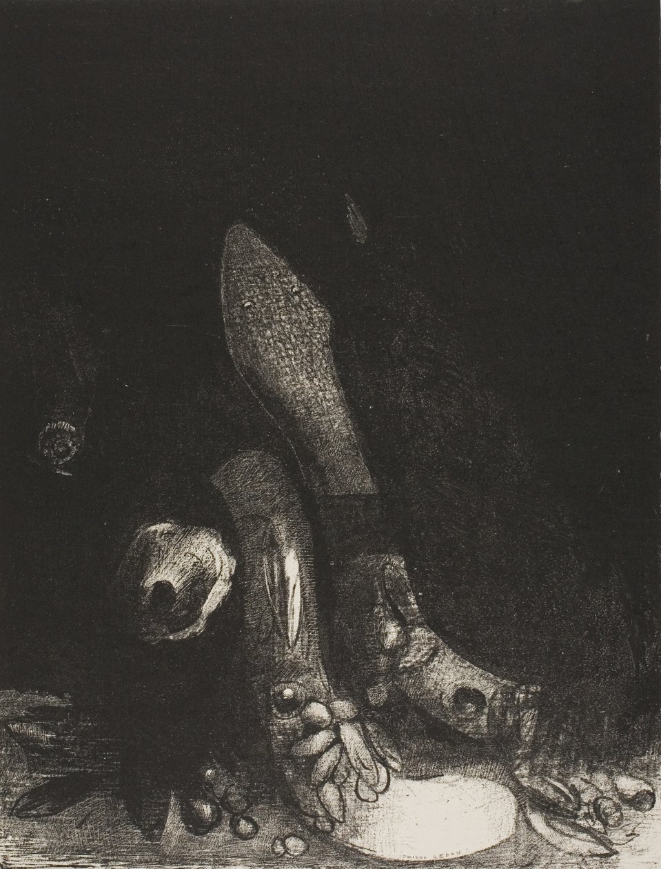Las flores caen y aparece la cabeza de una pitón, lámina 5 de 24 de Odilon Redon