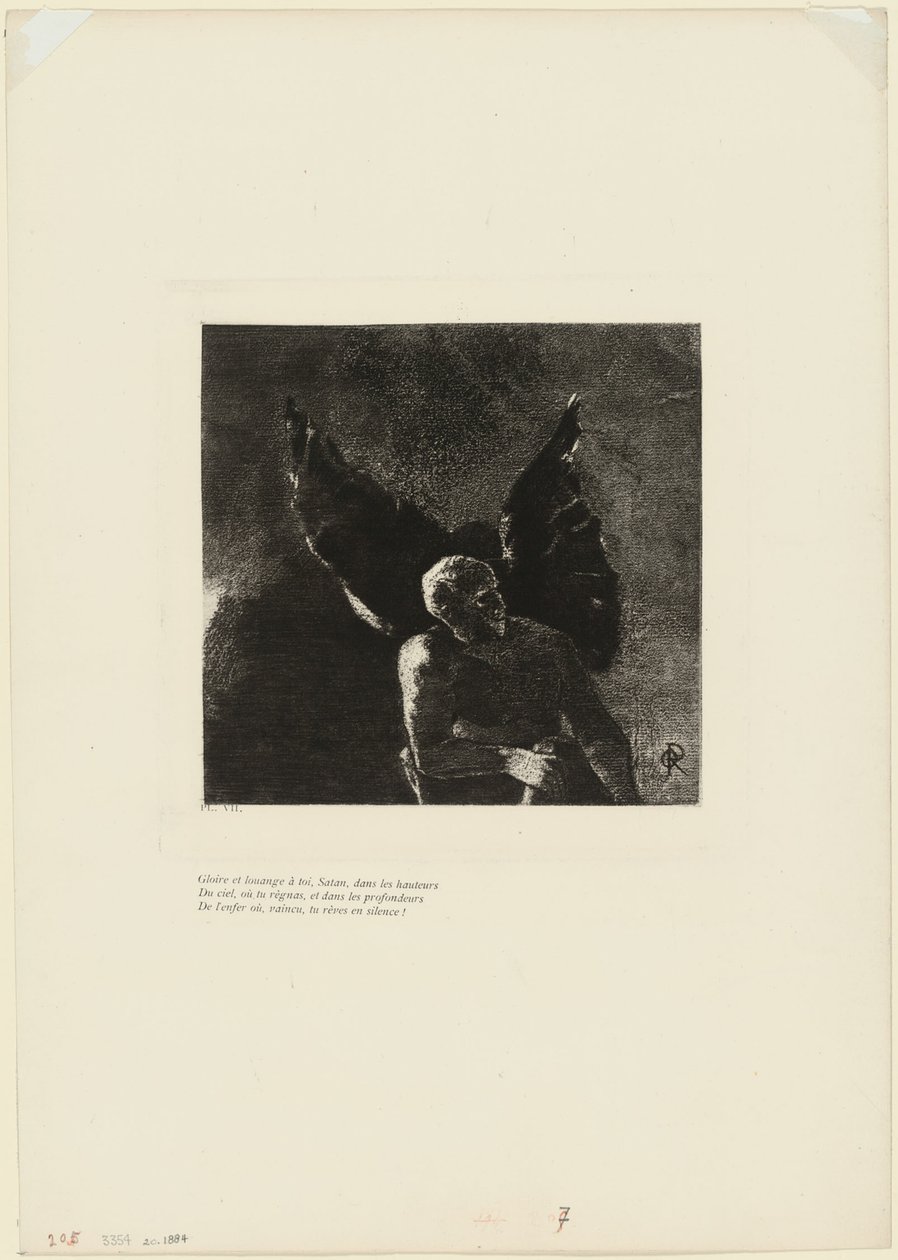 Gloria y alabanza a ti, Satanás, en las alturas del cielo, donde reinaste, y en las profundidades del infierno, donde, vencido, sueñas en silencio!, lámina 8 de 9 de Odilon Redon