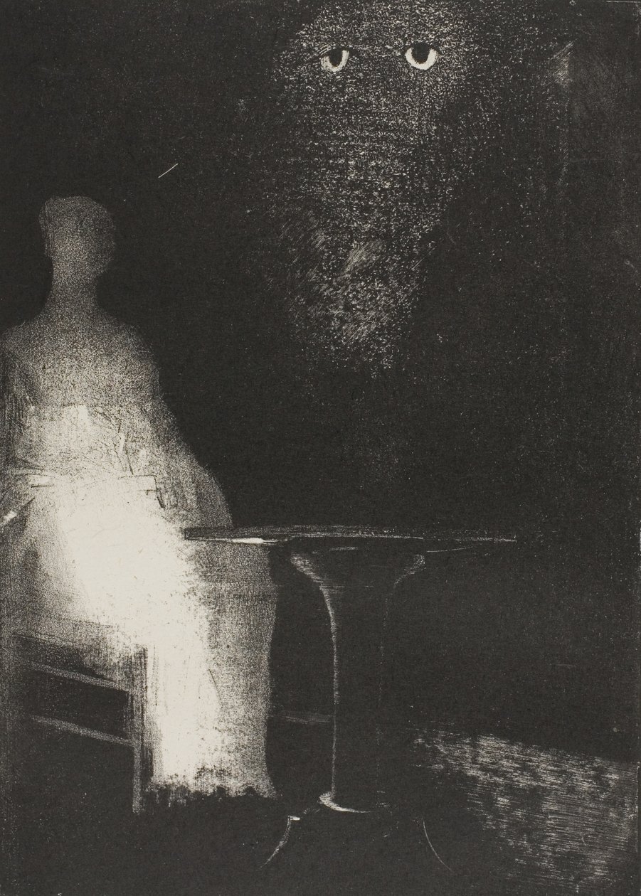 Seguí mirando la silla y me imaginé ver en ella un contorno brumoso azul pálido de una figura humana, lámina 1 de 6 de Odilon Redon