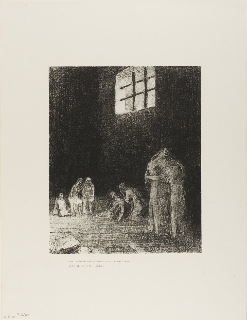 En la sombra hay personas, llorando y rezando, rodeadas por otras que las exhortan, placa 6 de 24 de Odilon Redon