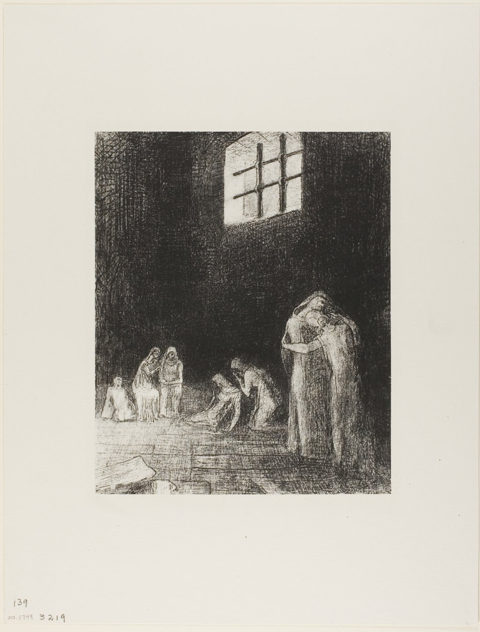 En la sombra hay personas, llorando y rezando, rodeadas por otros que los exhortan, lámina 6 de 24 de Odilon Redon