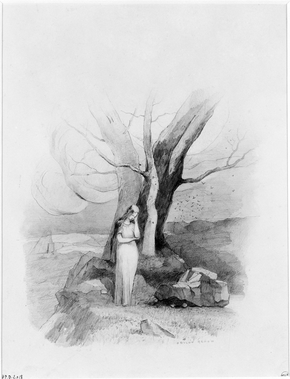 Una joven de pie al pie de un grupo de árboles de Odilon Redon