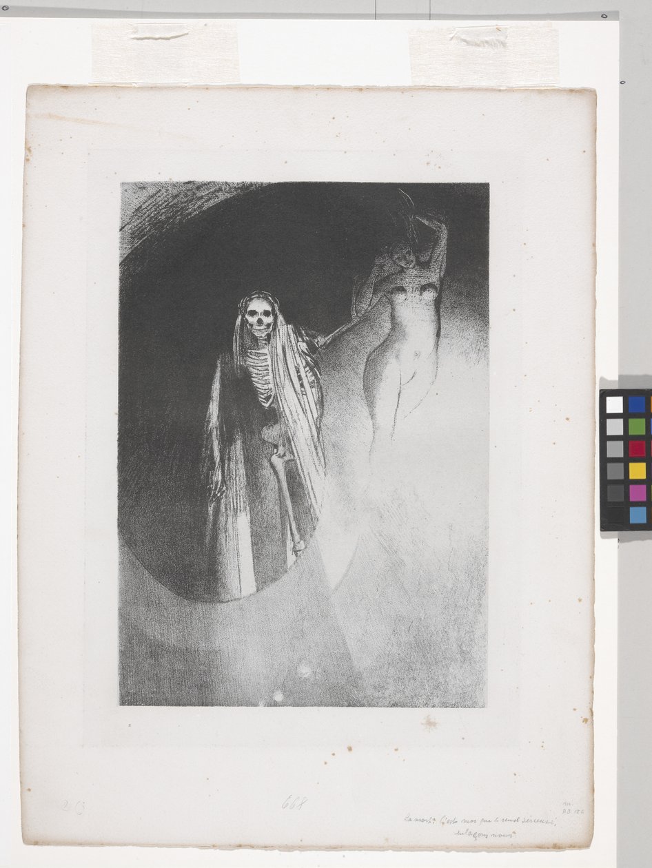 Muerte: "Soy yo quien te pone serio... (Death: It Is I Who Make You Serious) (litografía sobre papel chine appliqué) de Odilon Redon