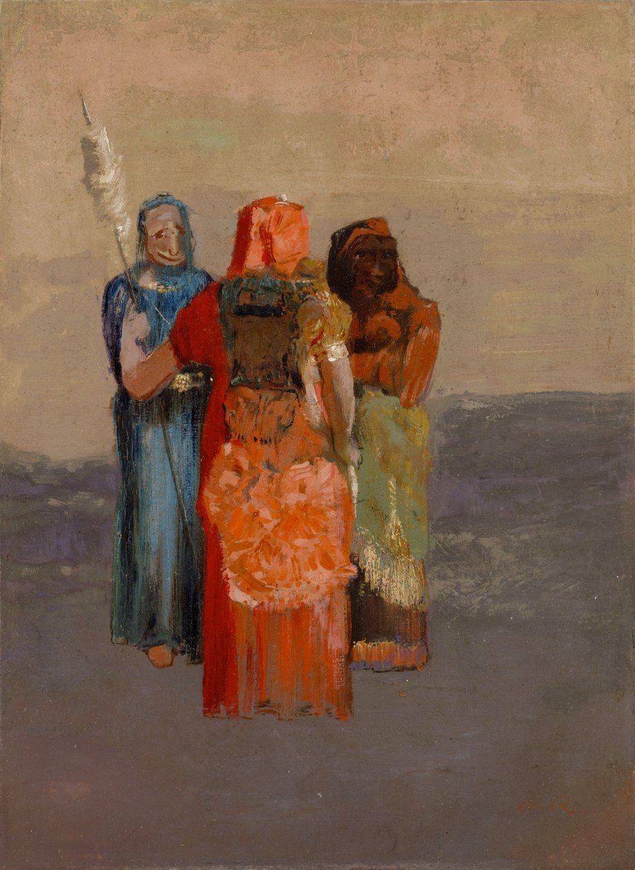 Les Moires (Las tres Parcas) (las tres deidades del destino de la mitología antigua o Parcas de los romanos) - Pintura de Odilon Redon (1840-1916), óleo sobre lienzo (32,4 x 23,8 cm) de Odilon Redon