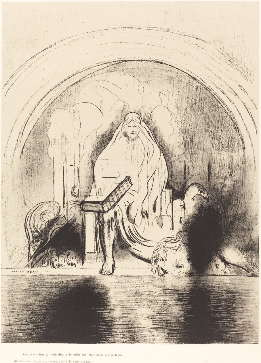 Luego vi, en la mano derecha del que estaba sentado en el trono, un libro escrito por dentro y por fuera, sellado con siete sellos de Odilon Redon