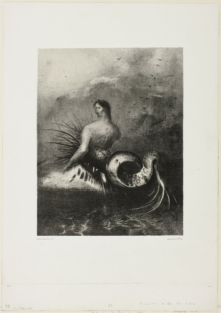 Sirena Saliendo de las Olas, Vestida en Llamas, lámina 4 de 8 de "Les Origines" de Odilon Redon