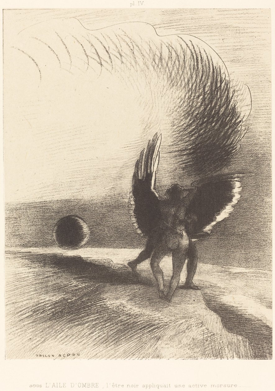 Bajo el ala de sombra, la criatura negra mordía enérgicamente de Odilon Redon